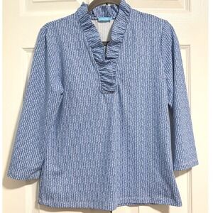 J.McLaughlin Blue White Geometric Catalina Cloth Preppy Ruffle Neck Top Size MED